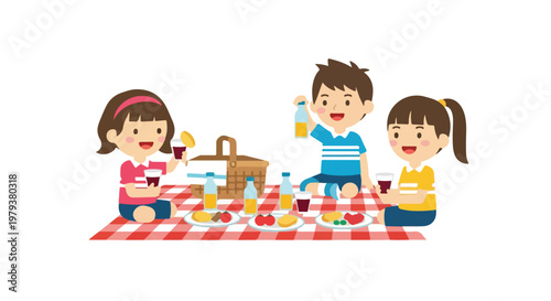 Three happy children enjoy a sunny outdoor picnic on a red checkered blanket, sharing snacks and juice from a basket together.