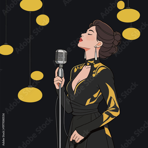 Vintage Female Singer with Retro Microphone