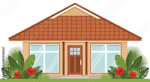 Modern Bungalow House with Tropical Plants and Red Hibiscus Flowers