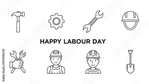 Labour Day Celebration: Celebrate the dedication and hard work of laborers, tools and construction workers with icons on a clean background. 