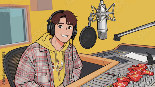 Radio Host in Studio with Audio Equipment