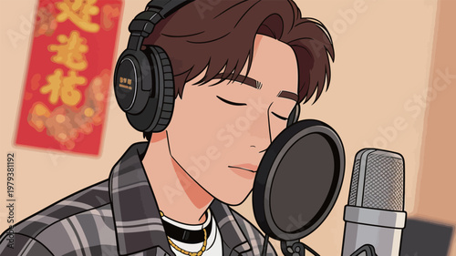 Man Singing in Recording Studio with Headphones