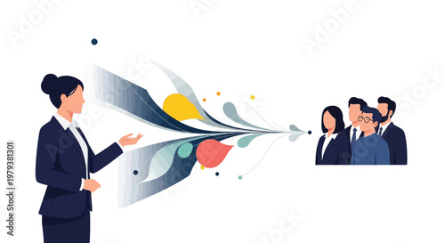 A vector illustration depicts a business presentation, showing a presenter in a dark suit gesturing towards a group of diverse people connected by colorful, flowing shapes, set