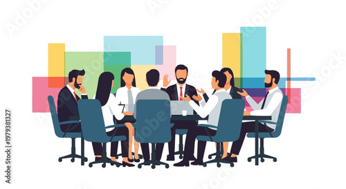 Vector art depicts business people in a meeting, with a man in a suit presenting sales data using a graph, with colorful chart elements in the background, conveying a collaborative
