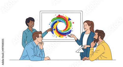 Diverse business people are gathered for a presentation, viewing a colorful graph on a whiteboard, using vector art in a modern illustration with a clean, light background for a company