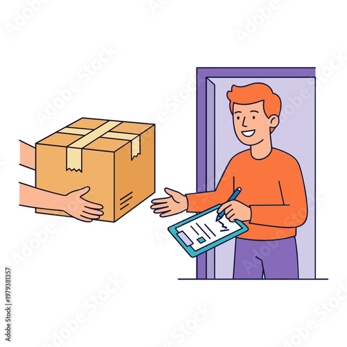 Man receives package from courier at doorway with clipboard