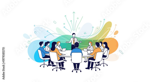 Vector illustration of business people in a company meeting, with a man presenting sales data on a graph, set against an abstract art background, conveying a collaborative and innovative