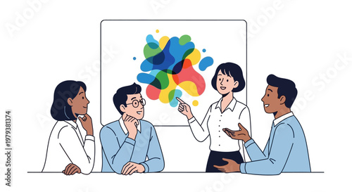 An energetic business presentation illustrated with vector characters shows a woman pointing to a colorful abstract design in a meeting, conveying a collaborative and creative atmosphere