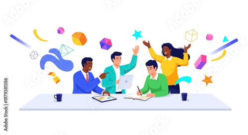 A diverse team of business characters is depicted in a vibrant vector illustration, participating in a company presentation with colorful geometric shapes floating in the background