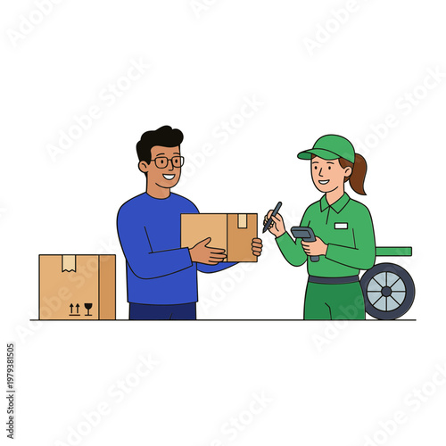 Two people exchanging a package outdoors with a delivery cart