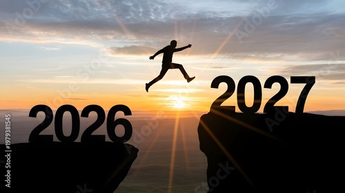 Success Jump from 2026 to 2027, New Year Goal Achievement Concept at Sunrise
