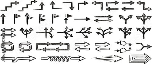 Arrow crayon pastel pencil chalk color line stroke. Sketch chalk pastel color pencil texture line kid fun arrow icon. Hand drawn grunge crayon pencil brush direction elements. Vector illustration