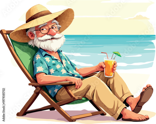 Vsai senior man enjoying beach vacation retirement with cocktail