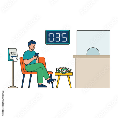 Man sitting on chair reads book next to table with stack of books in waiting room