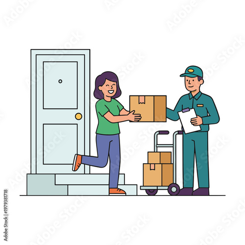 Woman receiving packages from delivery man standing beside a cart