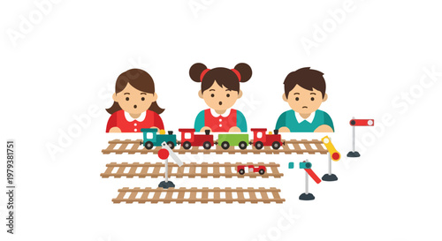 Three young children are happily playing with a colorful toy train set on wooden railway tracks in this charming and bright vector illustration.