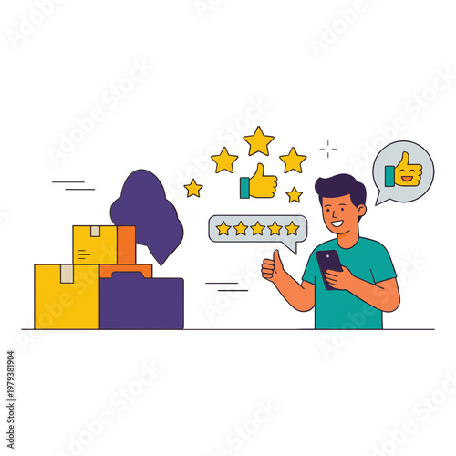 Man reviews delivery with thumbs up and stars on phone screen next to boxes