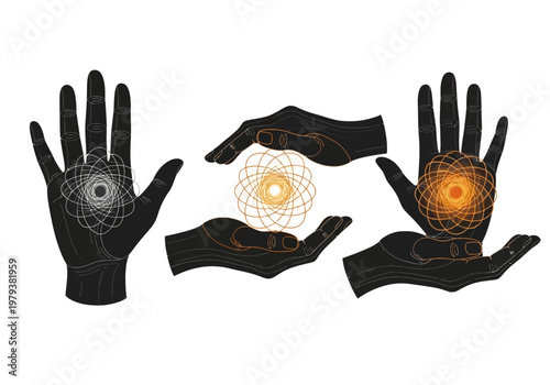 Esoteric Illustration of Hands with Sacred Geometry Energy Spirals, Mystical Spiritual Concept, Energy Healing and Alchemy Vector Art