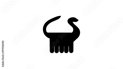 Minimalist dinosaur silhouette logo, abstract geometric brontosaurus icon with comb legs, vector prehistoric animal symbol isolated on white