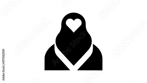 Minimalist matryoshka doll logo with heart, abstract nesting doll icon, vector mother and child symbol isolated on white