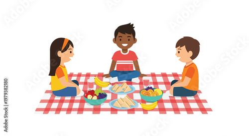 Three happy children sit on a red and white checkered blanket, enjoying a delightful picnic with sandwiches and fresh fruit.