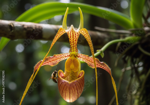 Close up Fine Art Lady Slipper Orchid with Bee in Nature