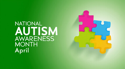 A graphic design for National Autism Awareness Month in April featuring colorful puzzle pieces