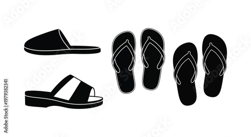 Various styles of summer footwear are presented in black silhouette
