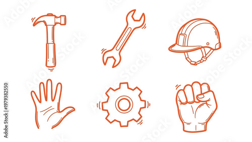 Industrial Tools and Symbols: A collection of hand-drawn icons representing construction and labor, including a hammer, wrench, hard hat, open hand, gear, and fist.