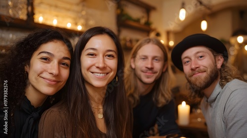 A group of diverse friends share a genuine moment of laughter and connection in a warm cozy cafu00e9 setting