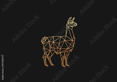 Geometric Golden Llama Illustration on Black Background, Low Poly Alpaca Line Art, Modern Minimalist Animal Design
