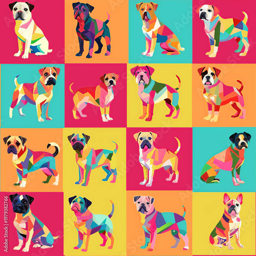 Seamless colorful pattern with dogs, animal repeating backdrop
