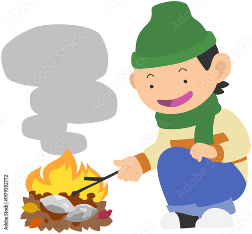 Boy Roasting Sweet Potato Over Campfire Illustration