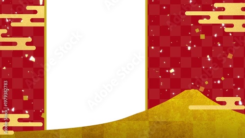 富士山と日本風の雲がある赤い和風の背景、縦長のコピースペース、金色の紙吹雪が光りながら舞う、お正月のイメージ