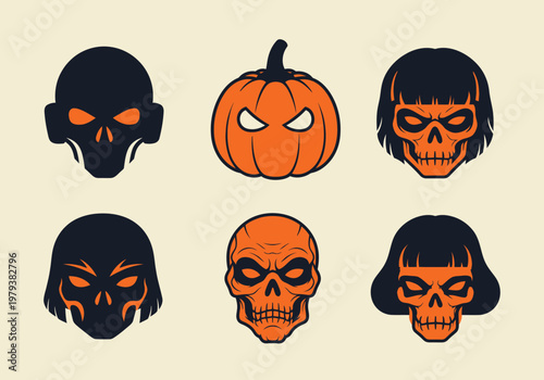 Set of 6 Halloween Skull and Pumpkin Vector Icons - Spooky Character Avatars for Holiday Design