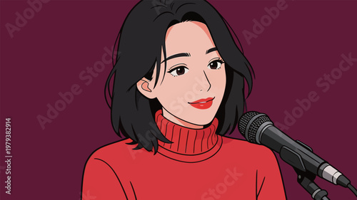 Woman in Red Turtleneck Speaking into Microphone