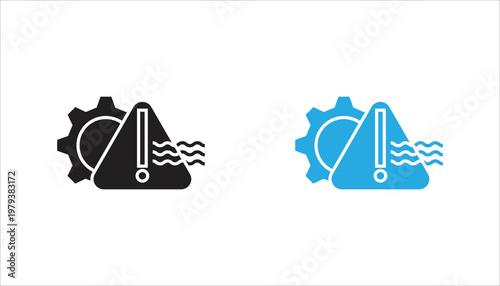 Line icon combining a gear, warning sign, and water waves, representing environmental risk, system alerts related to water, flooding, or technical issues in utilities.