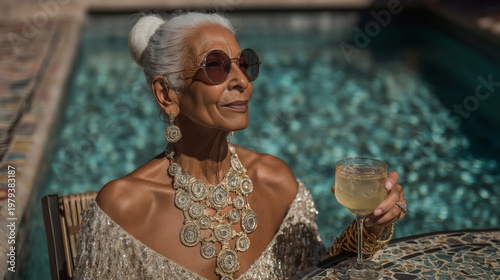 Stylish senior woman enjoying a drink by the pool. Concept of confidence, status, and enjoying life.