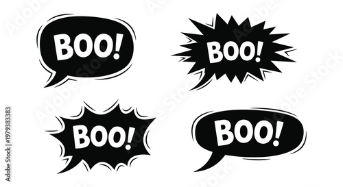 Four black speech bubbles with boo text a halloween silhouette