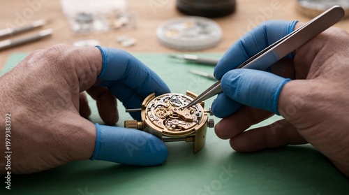 Watchmaker repairing intricate mechanical watch.