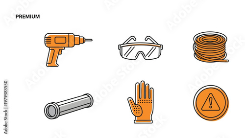 Construction Equipment Essentials: A visually appealing compilation of essential tools and safety gear. Ideal for showcasing a construction or DIY project. 