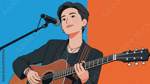 Female Musician Performing with Guitar and Mic