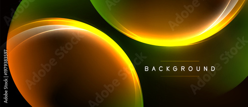 Abstract design features flowing orange, green curves. Dark background emphasizes bright shapes, creating dynamic visual effect.