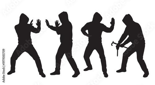 Criminal burglar silhouette set, hooded thief character vector icons, masked man breaking in with crowbar, home security and crime concept