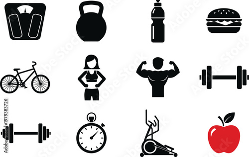 Fitness and Health Icon Set Featuring Scales, Dumbbells, Water Bottle, Burger, Bicycle, Stopwatch, Apple, and More for Healthy Lifestyle Designs