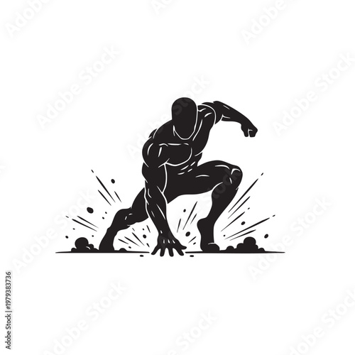 Muscular silhouette of a superhero in a dynamic crouching stance, ready for action human male