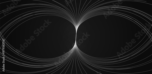 Abstract infinity wave lines symmetrical curved arcs on black background. Infinity loops data flow backgrounds for bio technology innovation science forum presentations and Ad. Vector illustration.
