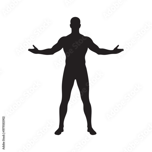 Black silhouette of a muscular man standing with arms outstretched, isolated on a white background, representing a heroic or welcoming stance for
