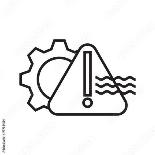 Line icon combining a gear, warning sign, and water waves, representing environmental risk, system alerts related to water, flooding, or technical issues in utilities.