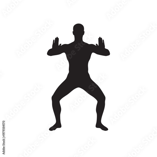 A black silhouette of a muscular man standing in a wide, defensive martial arts stance with both hands raised and palms facing forward, isolated on white